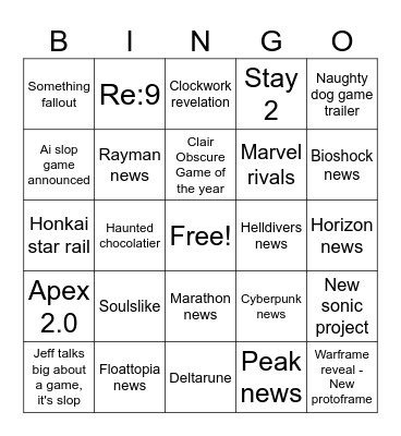Game awards Bingo Card