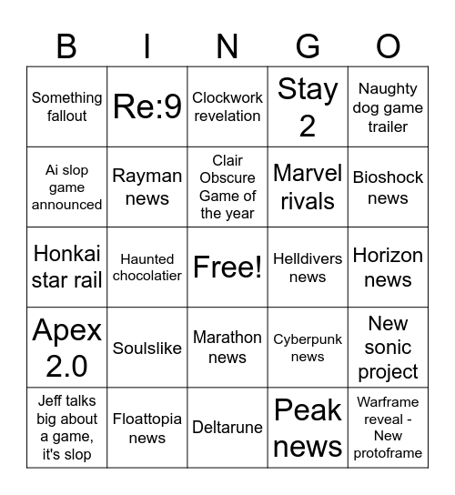 Game awards Bingo Card