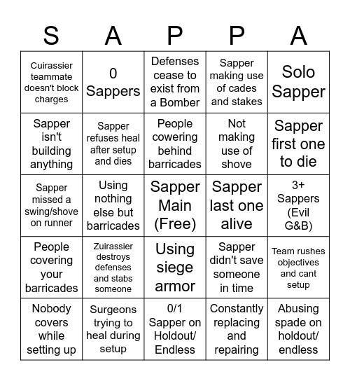 Sapper Bingo Card