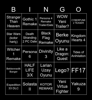 the game awards istek listem Bingo Card