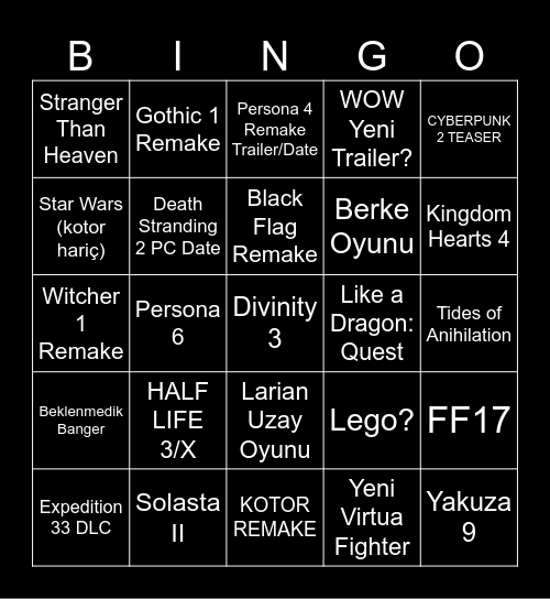 the game awards istek listem Bingo Card