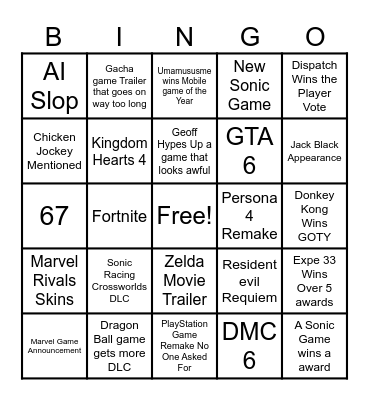 Game Awards 2025 Bingo Card