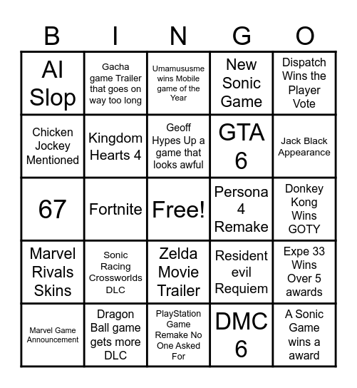 Game Awards 2025 Bingo Card
