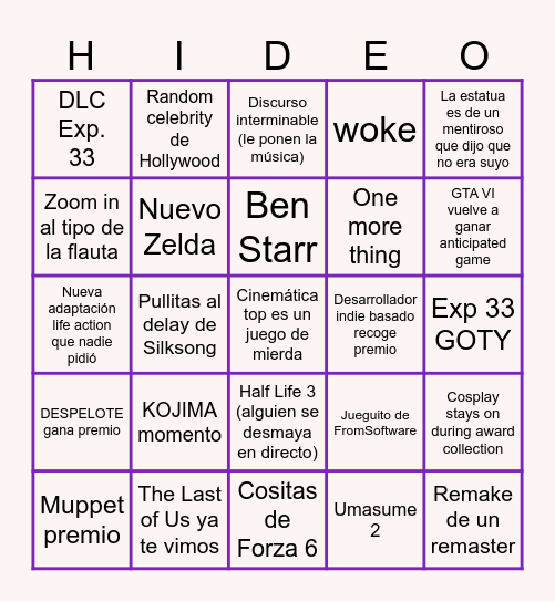 Bingo de los Game Awards Bingo Card