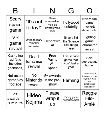 Game Awards 2025 Bingo Card