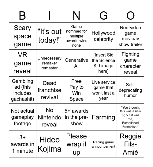 Game Awards 2025 Bingo Card
