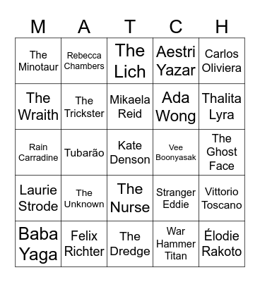 Dbd match bingo Card