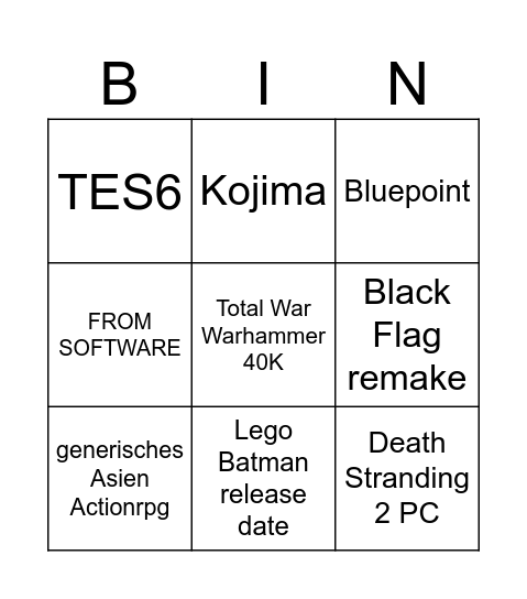 TGA Bingo Card