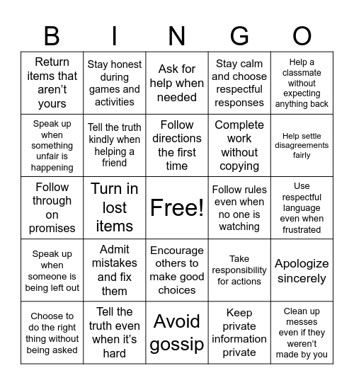 Integrity BINGO Card