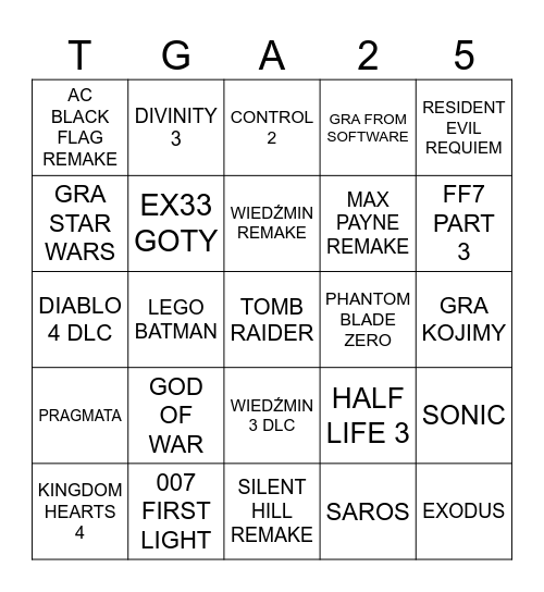 TGA 2025 Bingo Card