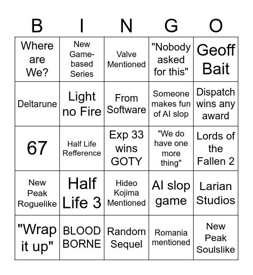 Game Awards Bingo Card