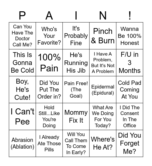 Pain's The Game Bingo Card