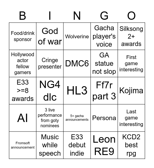 Game awards 2025 bingo Card