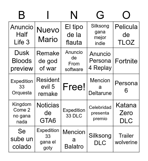 GOTY 2025 Bingo Card