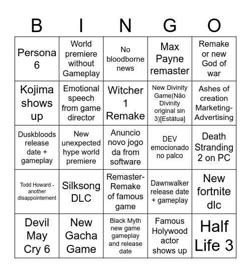 Game Awards Bingo Card