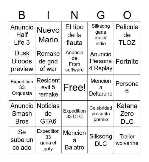 GOTY 2025 Bingo Card