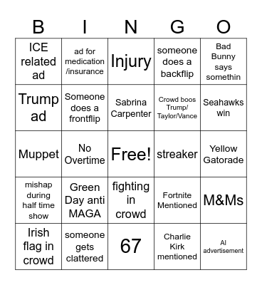 SUPERBOWL Bingo Card