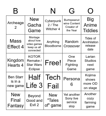 The Game Awards 2025 Bingo Card