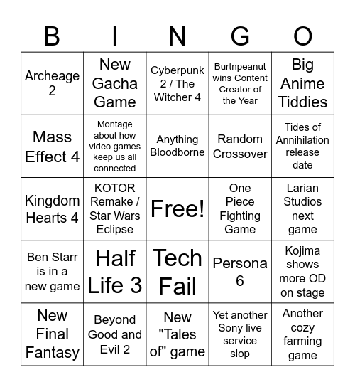 The Game Awards 2025 Bingo Card
