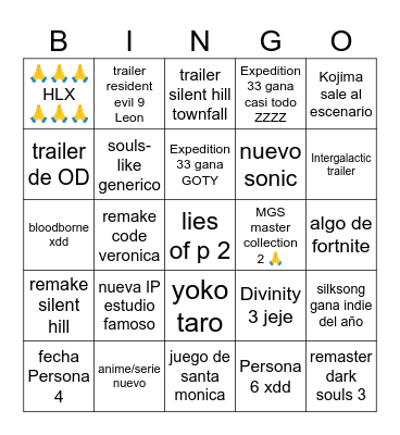 GAME AWARDS 2025 Bingo Card
