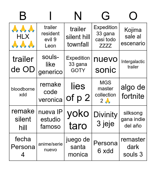 GAME AWARDS 2025 Bingo Card