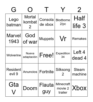 Game Awards Bingo Card