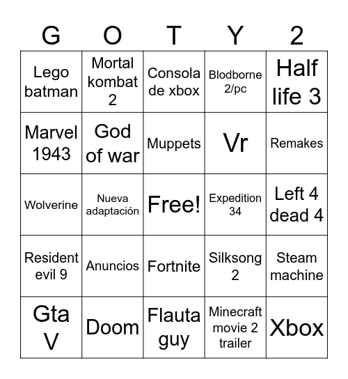 Game Awards Bingo Card