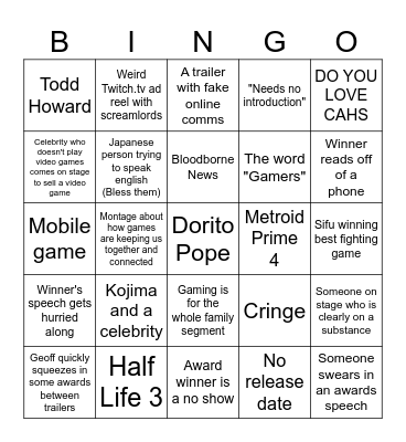 TGA Awards Bingo Card