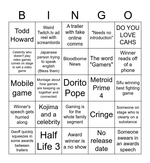 TGA Awards Bingo Card