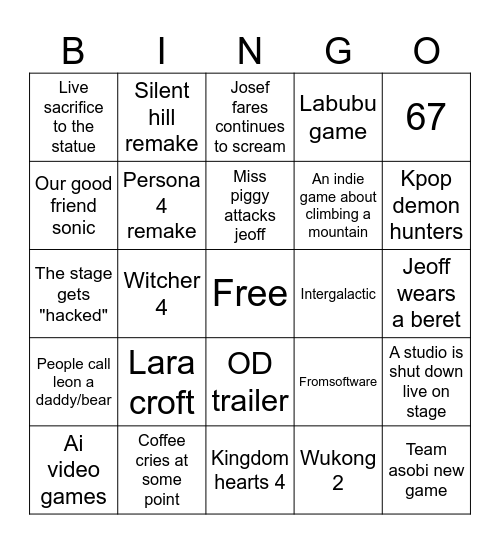 Game awards 2025 Bingo Card