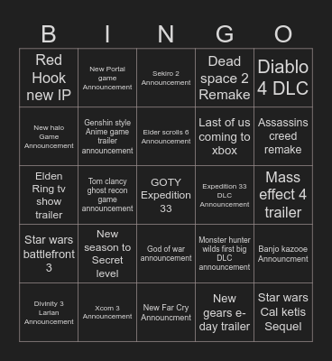TGA Bingo Card
