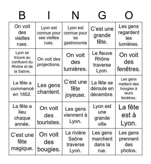 La fête de lumières de Lyon Bingo Card