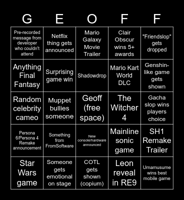 Game Awards Slop Bingo Card