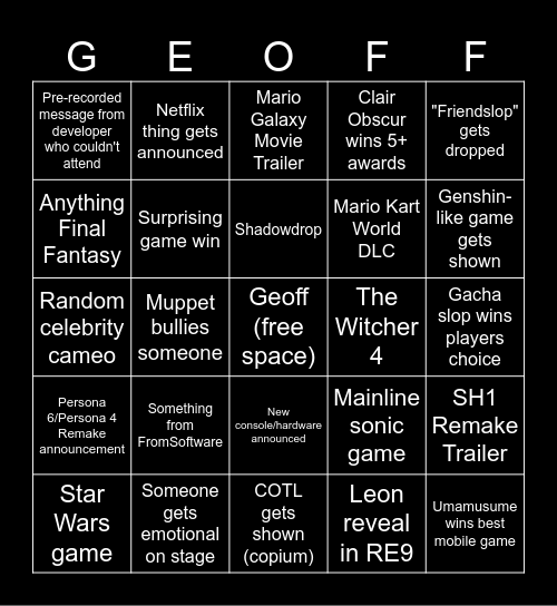 Game Awards Slop Bingo Card