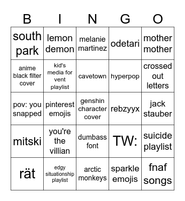 edgy playlists from 2021 Bingo Card