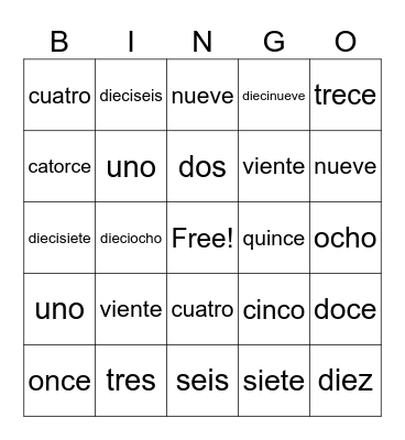 Los Números Bingo Card