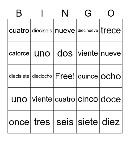 Los Números Bingo Card