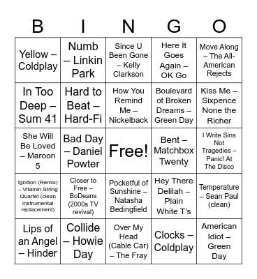 Early 2000s Pop Rock Party Bingo Card