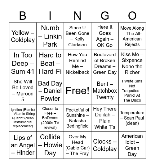 Early 2000s Pop Rock Party Bingo Card