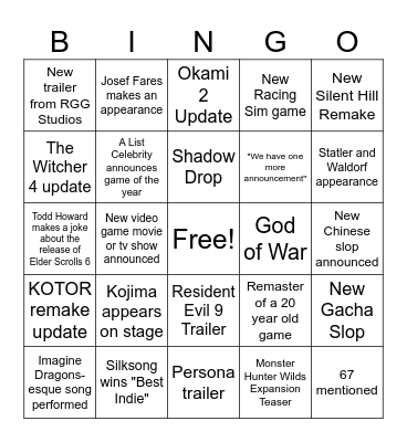 Game Awards Bingo Card