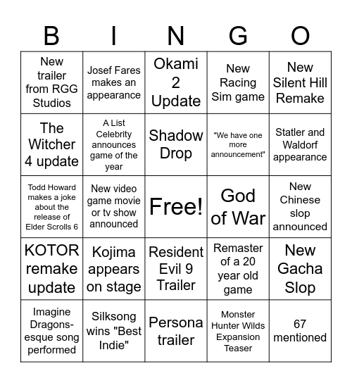Game Awards Bingo Card