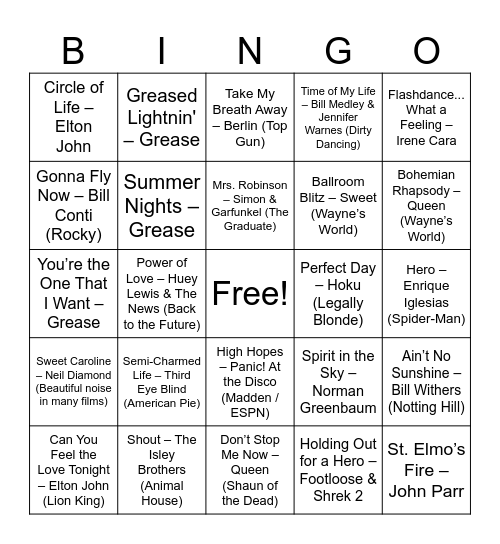 Movie & TV Soundtrack Hits Bingo Card