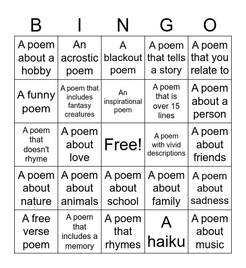 Poetry Bingo Card