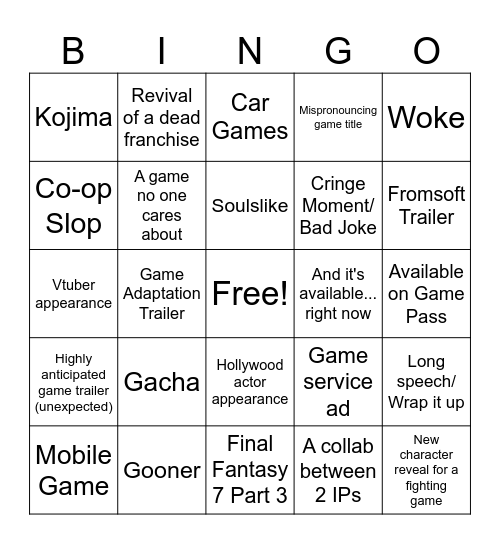 Game Awards Bingo Card