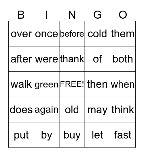 Sight Word Bingo Card