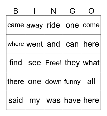 Sight Word Bingo Card