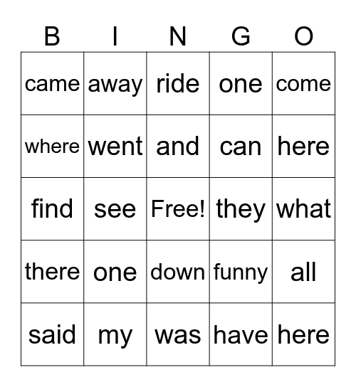 Sight Word Bingo Card