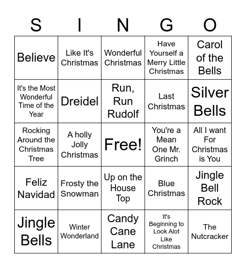 Holiday Singo Bingo Card