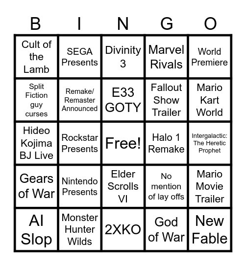 The Game Awards Bingo Card