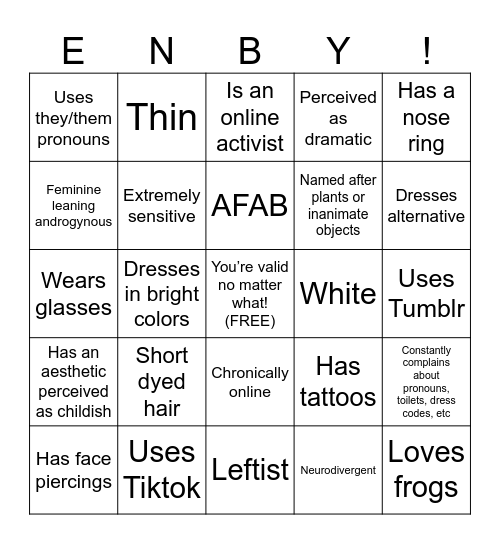 Nonbinary stereotypes Bingo Card